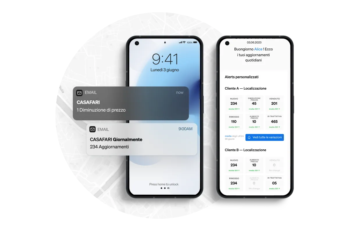 Grazie alle notifiche di CASAFARI Alerts, gli agenti immobiliari sono in grado di avvicinare più rapidamente i venditori privati che mettono sul mercato le loro proprietà e di individuare più velocemente le opportunità per i loro clienti.