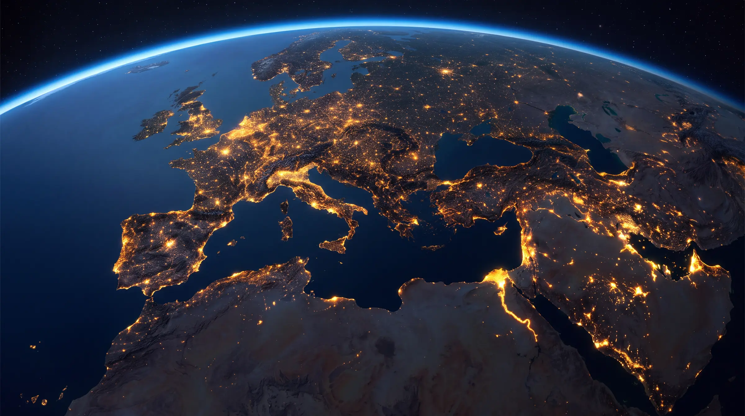 Vista nocturna de Europa y los EAU desde el espacio, con luces urbanas trazando las costas desde Portugal hasta el Golfo.