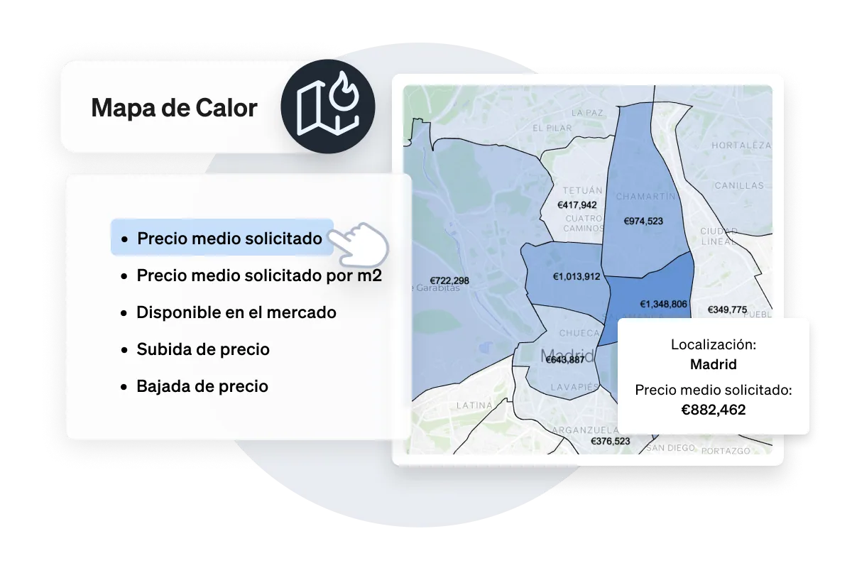 Mapa de calor amb distribució de preus per districte a CASAFARI Area Insights.