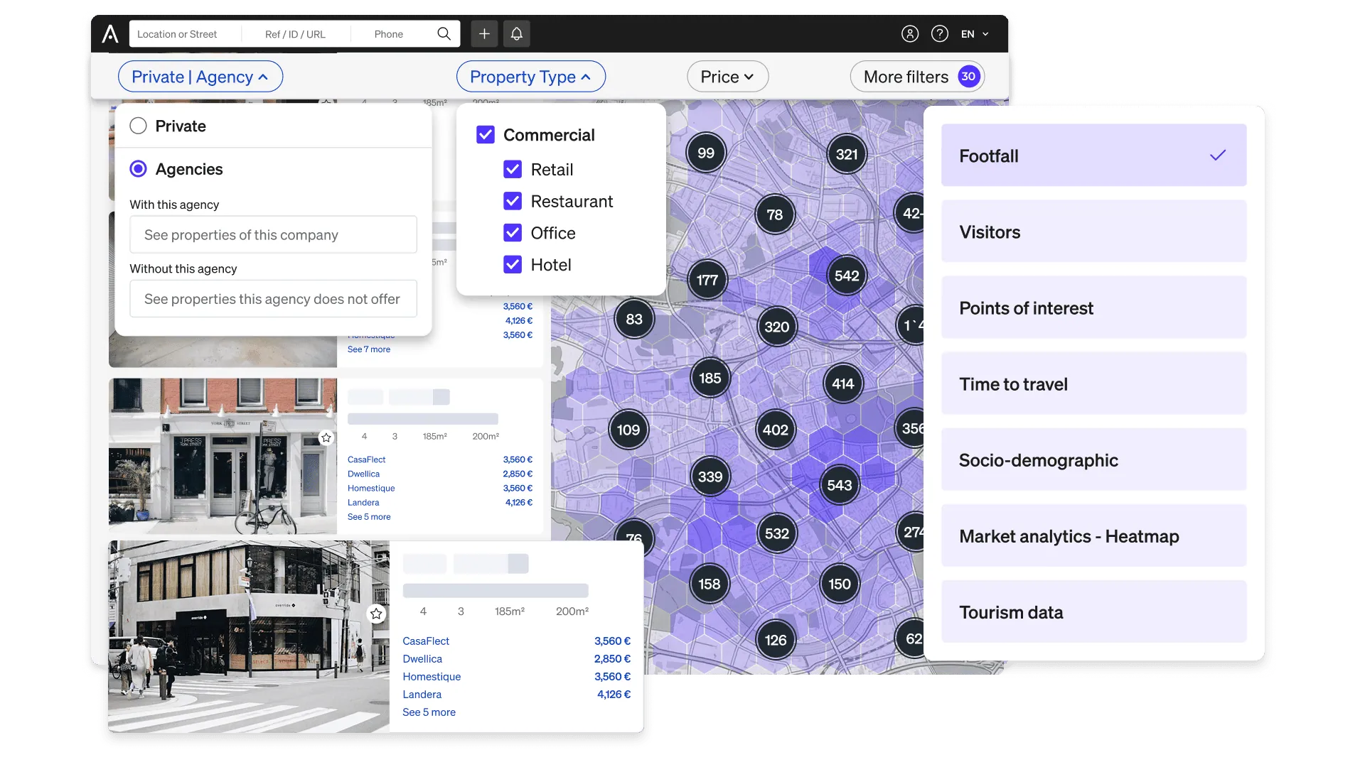 CASAFARI for Business Expansion ofereix informes detallats basats en dades d'immobles completes i Location Intelligence avançada