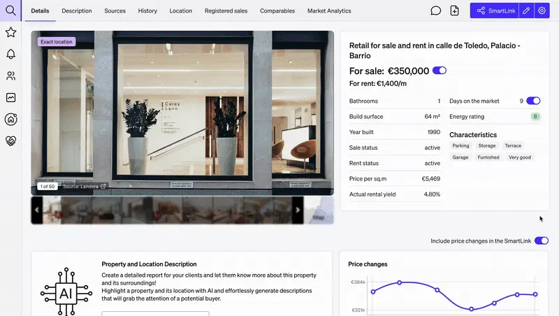 CASAFARI for Business Expansion proporciona informes detallats amb dades d'immobles completes i Location Intelligence per ajudar franquícies i empreses multiseu a seleccionar ubicacions d'alt rendiment més ràpidament.