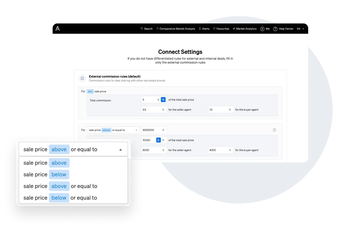 Setting your own commission rules for different types of real estate deals within CASAFARI Connect