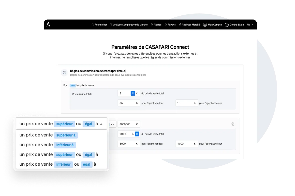 Définissez vos propres règles de commission pour différents types de transactions immobilières avec CASAFARI Connect