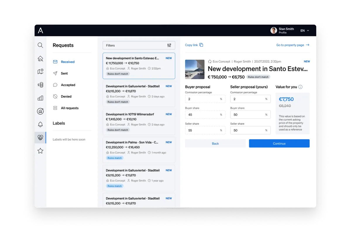 CASAFARI Connect's dashboard makes it easy for real estate professionals to track all sharing requests sent and received.