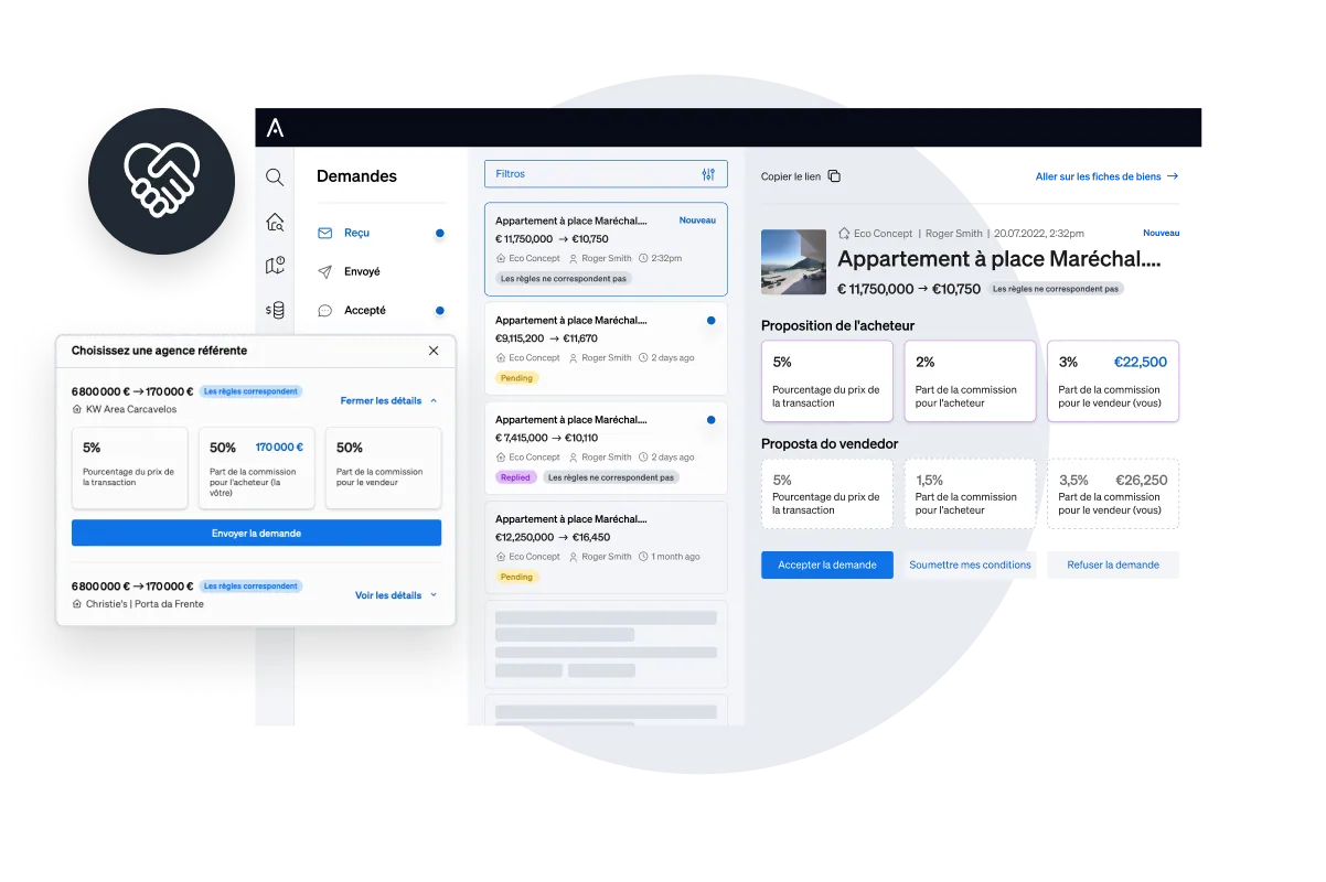 Trouvez rapidement des partenaires potentiels, négociez le partage des commissions et suivez toutes vos transactions immobilières avec CASAFARI Connect.