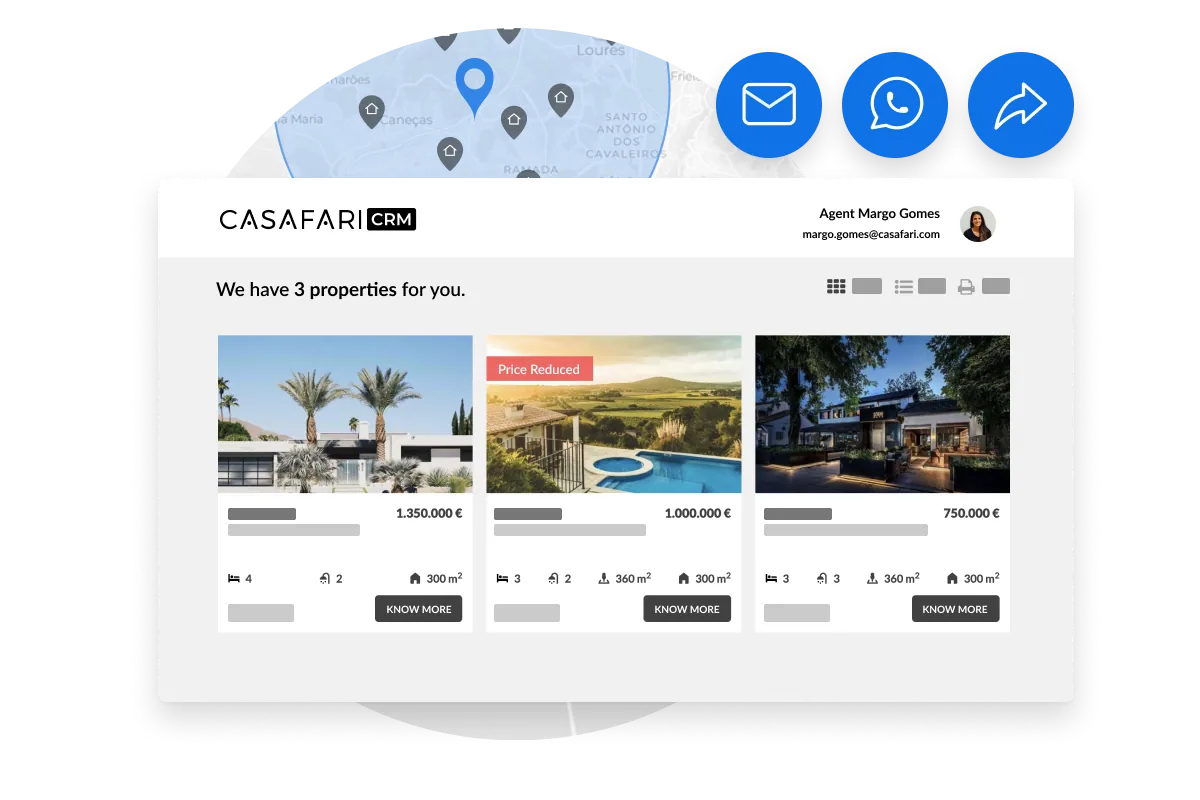 Sélection personnalisée de trois biens dans CASAFARI CRM, prête à être envoyée par e-mail ou WhatsApp