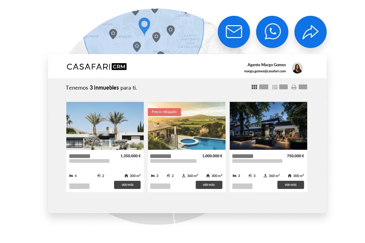 Selecció personalitzada de tres immobles a CASAFARI CRM, a punt per enviar per correu electrònic o WhatsApp