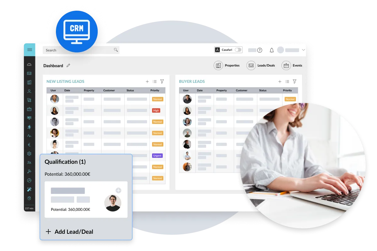Tableau de bord de CASAFARI CRM avec des leads vendeurs, des leads acquéreurs et une affaire en phase de qualification