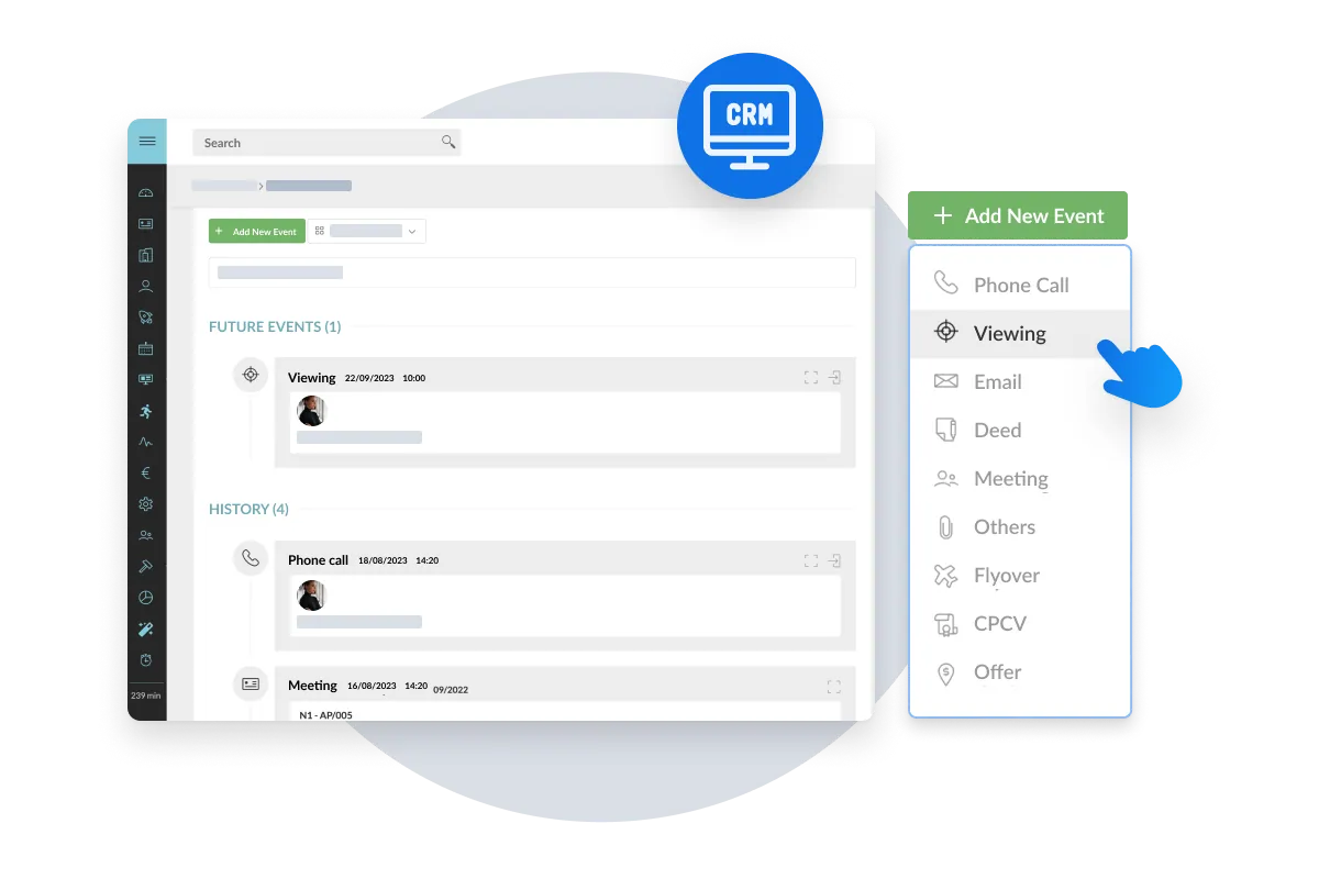 Fiche client dans CASAFARI CRM avec une visite programmée et l’historique des appels et des rendez-vous