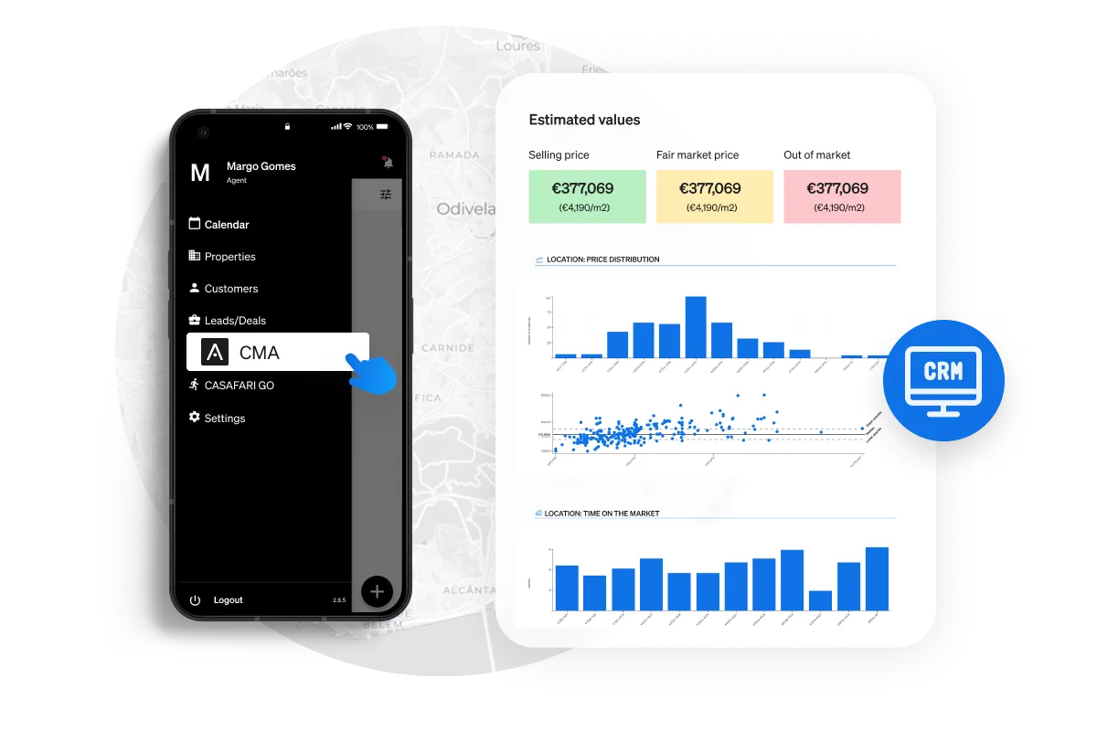 Application mobile de CASAFARI CRM à côté d’une analyse comparative de marché avec valeurs estimées et graphiques de prix