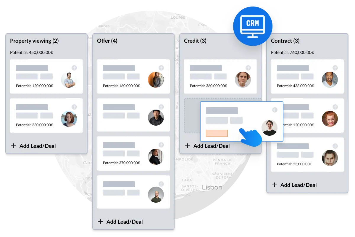 Pipeline de vente Kanban dans CASAFARI CRM avec des affaires aux étapes visite, offre, financement et compromis