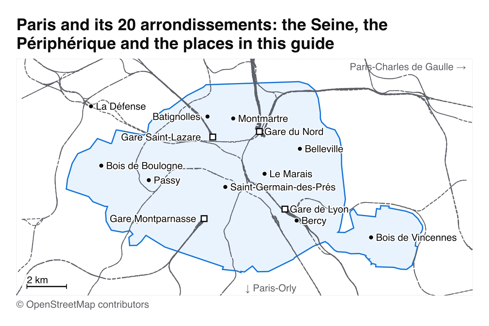 Simplified map of Paris showing the 20 arrondissements, the Seine, the Boulevard Périphérique, the main stations and the two airports, with the quarters named in the guide.