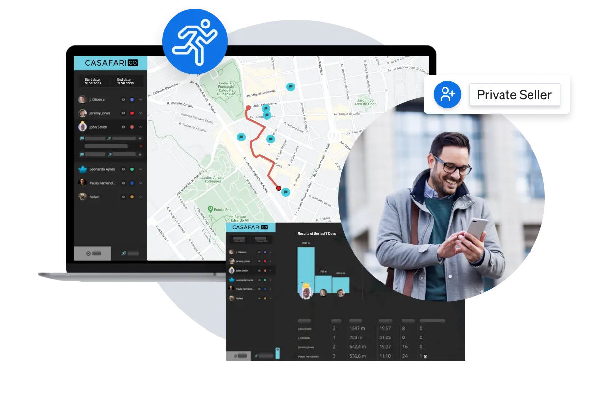CASAFARI Go on a laptop, showing an agent's prospecting route on a map and a chart of results by agent over the last seven days