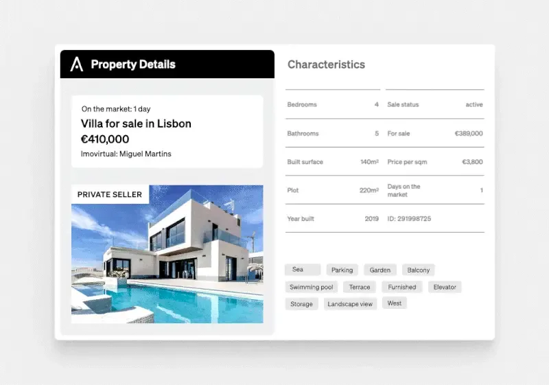 CASAFARI property card for a villa for sale in Lisbon: price, days on the market, private seller and characteristics.