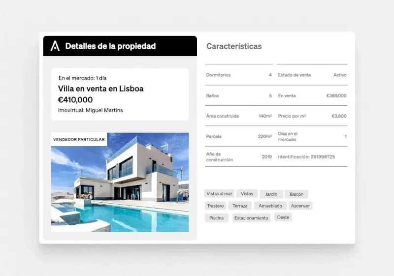 Ficha de propiedad en CASAFARI con precio, días en el mercado y datos del vendedor particular.