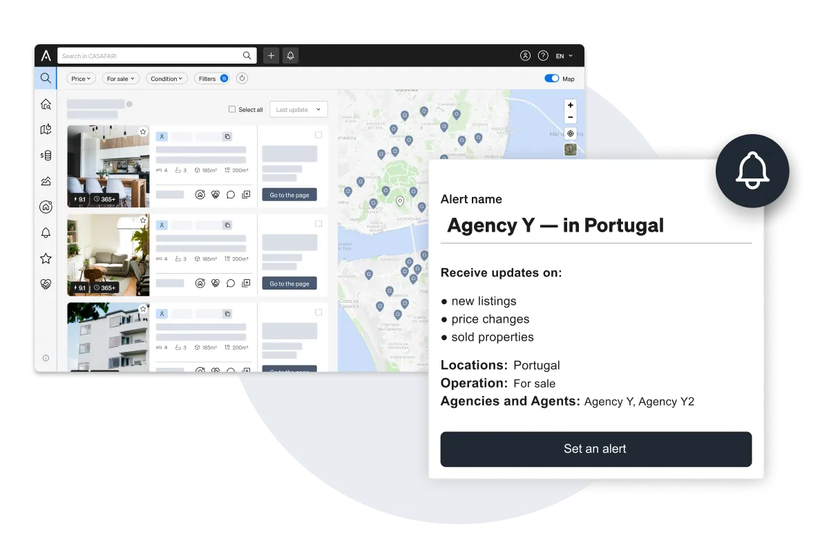 With CASAFARI Alerts real estate professionals monitor their own portfolios, their competitors' and the new properties on the market, including those of private sellers