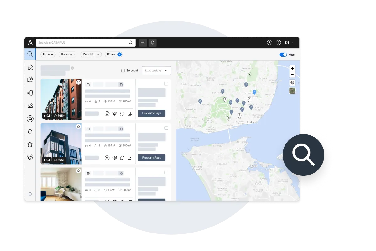 CASAFARI Property Sourcing interface displaying filtered property listings with interactive map pins.