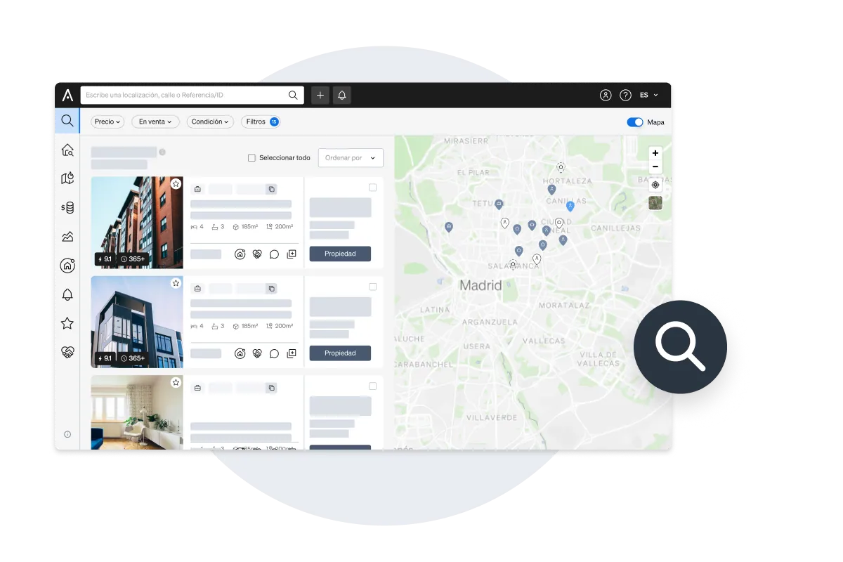 Cerca immobiliària amb llista d'immobles i mapa interactiu a CASAFARI Property Sourcing.