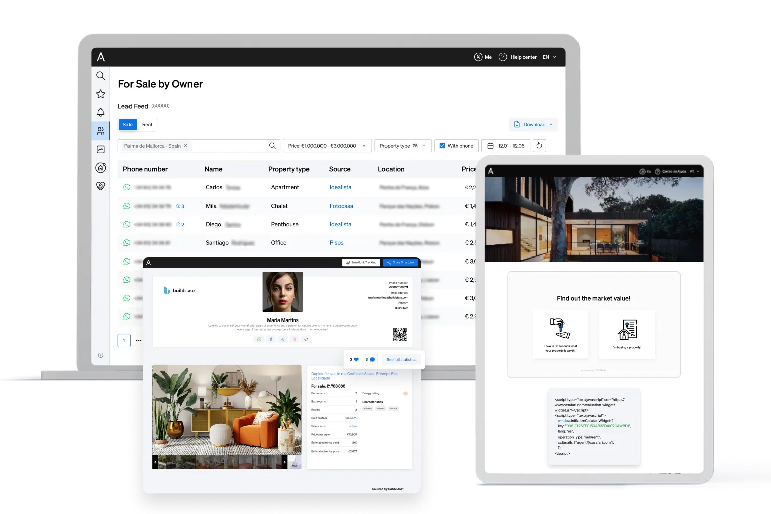 CASAFARI Lead Flow: homes for sale by owner in a lead feed, a lead profile and a valuation landing page.