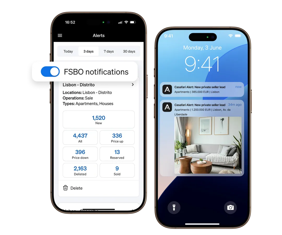 CASAFARI app alerts screen with FSBO notifications switched on and counts of new, price-changed, reserved, delisted and sold listings