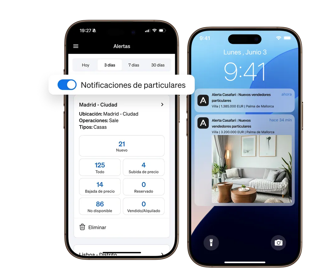 Pantalla d'alertes de l'app de CASAFARI amb les notificacions FSBO activades i el recompte d'anuncis nous, amb canvi de preu, reservats, retirats i venuts