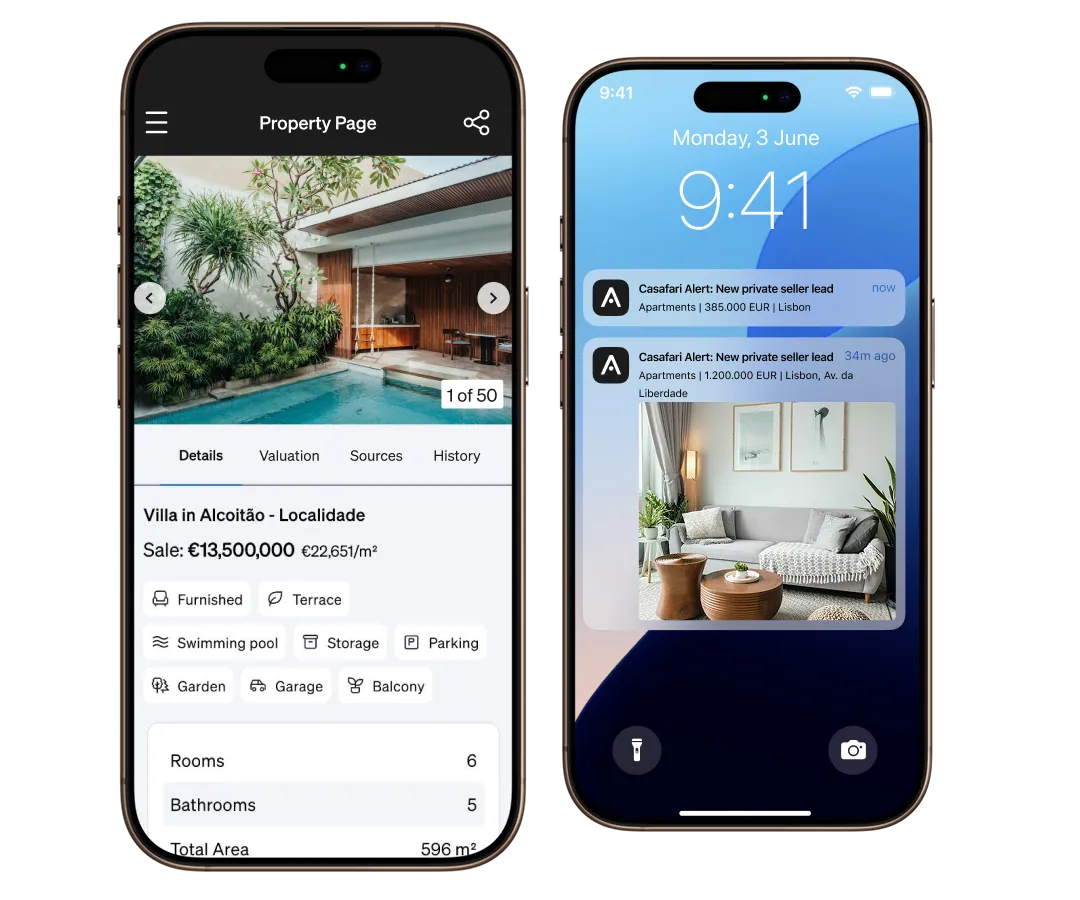 CASAFARI mobile app displaying property listings and market data on a smartphone screen.
