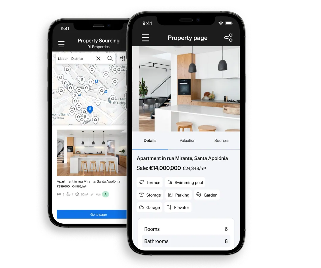 CASAFARI app property search: a map of listings in Lisbon and a property page with price, price per m² and features