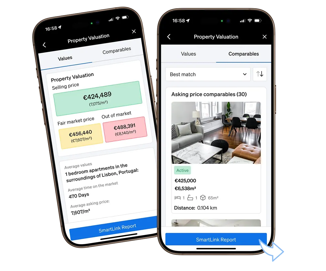 CASAFARI app property valuation with selling price, fair market price, out-of-market price, comparables and a SmartLink Report button