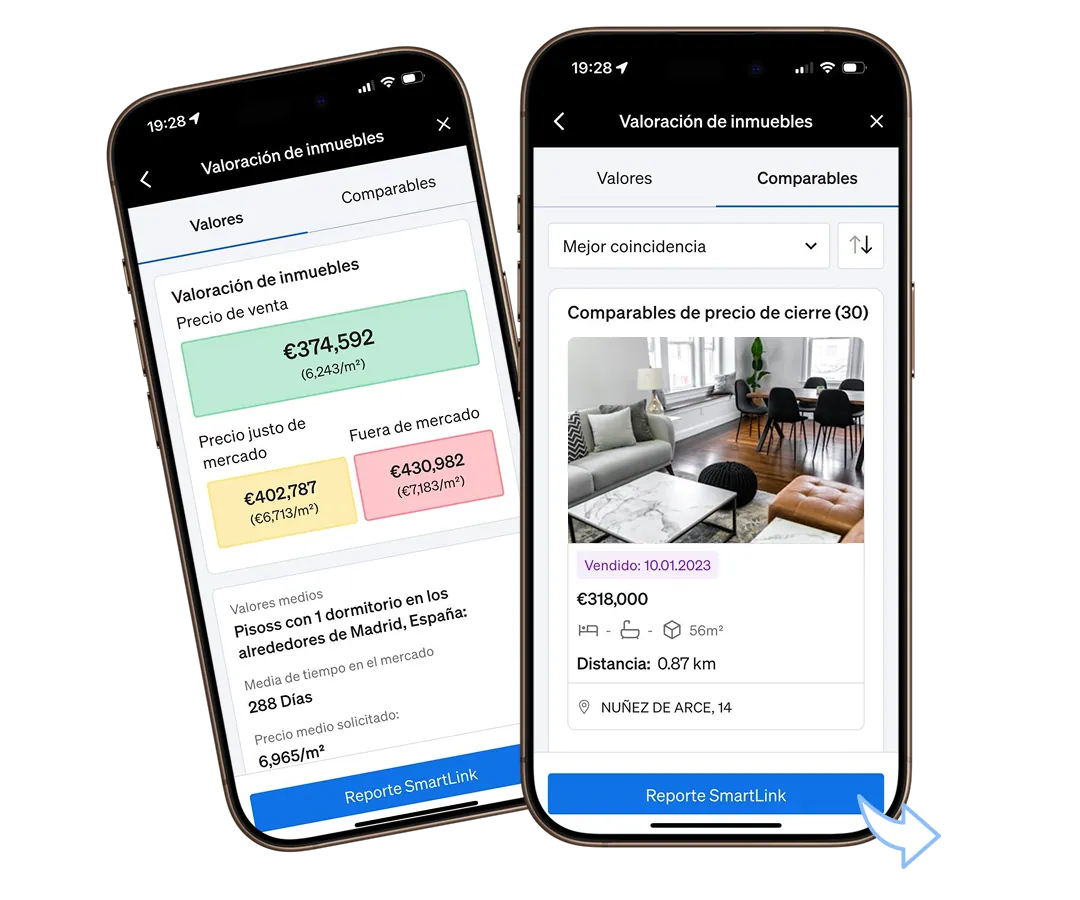 Valoració d'un immoble a l'app de CASAFARI amb preu de venda, preu just de mercat, preu fora de mercat, comparables i informe SmartLink