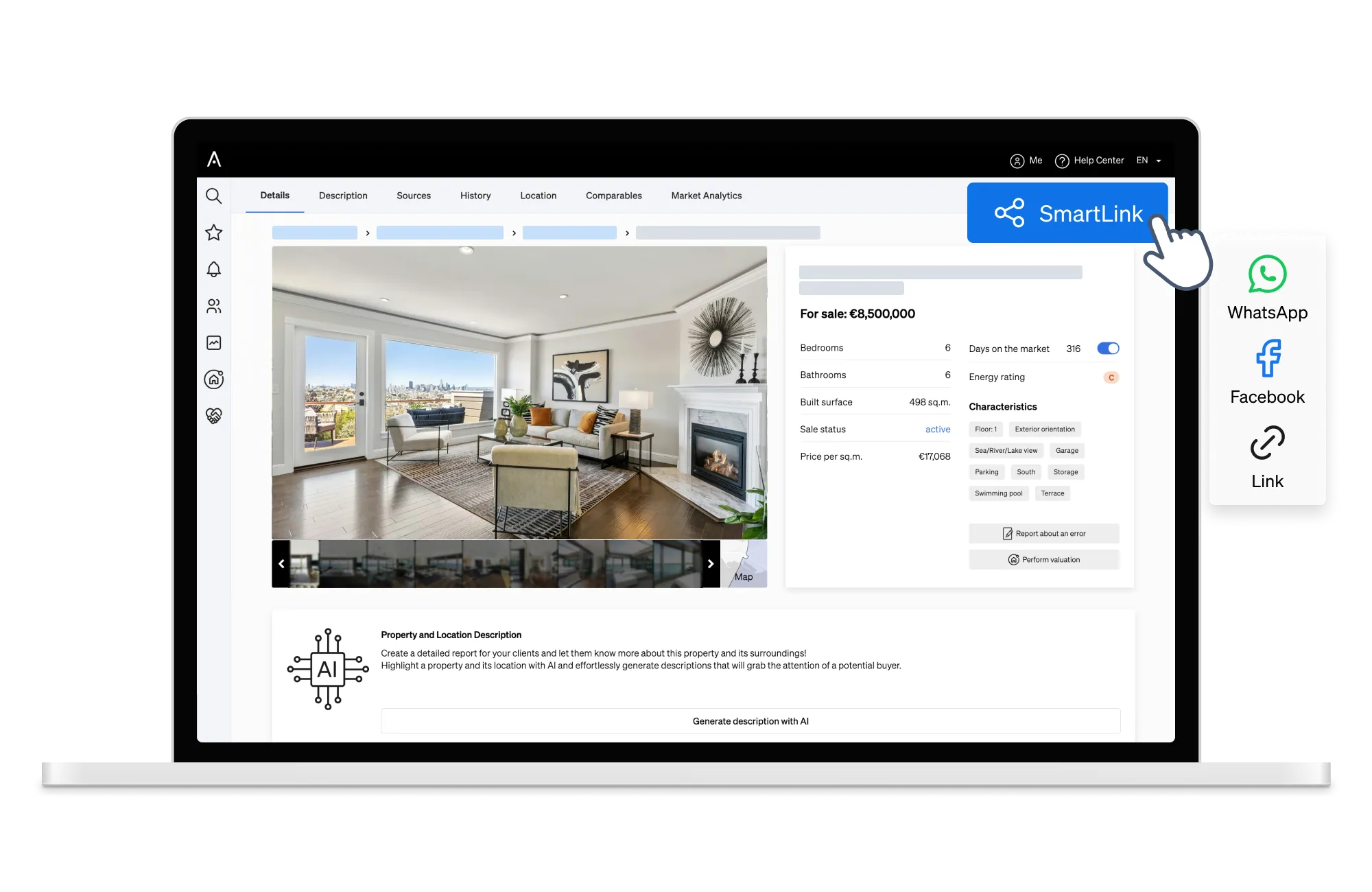 Els SmartLinks de CASAFARI es poden compartir per WhatsApp, Facebook Messenger o mitjançant la còpia de l'enllaç a altres aplicacions