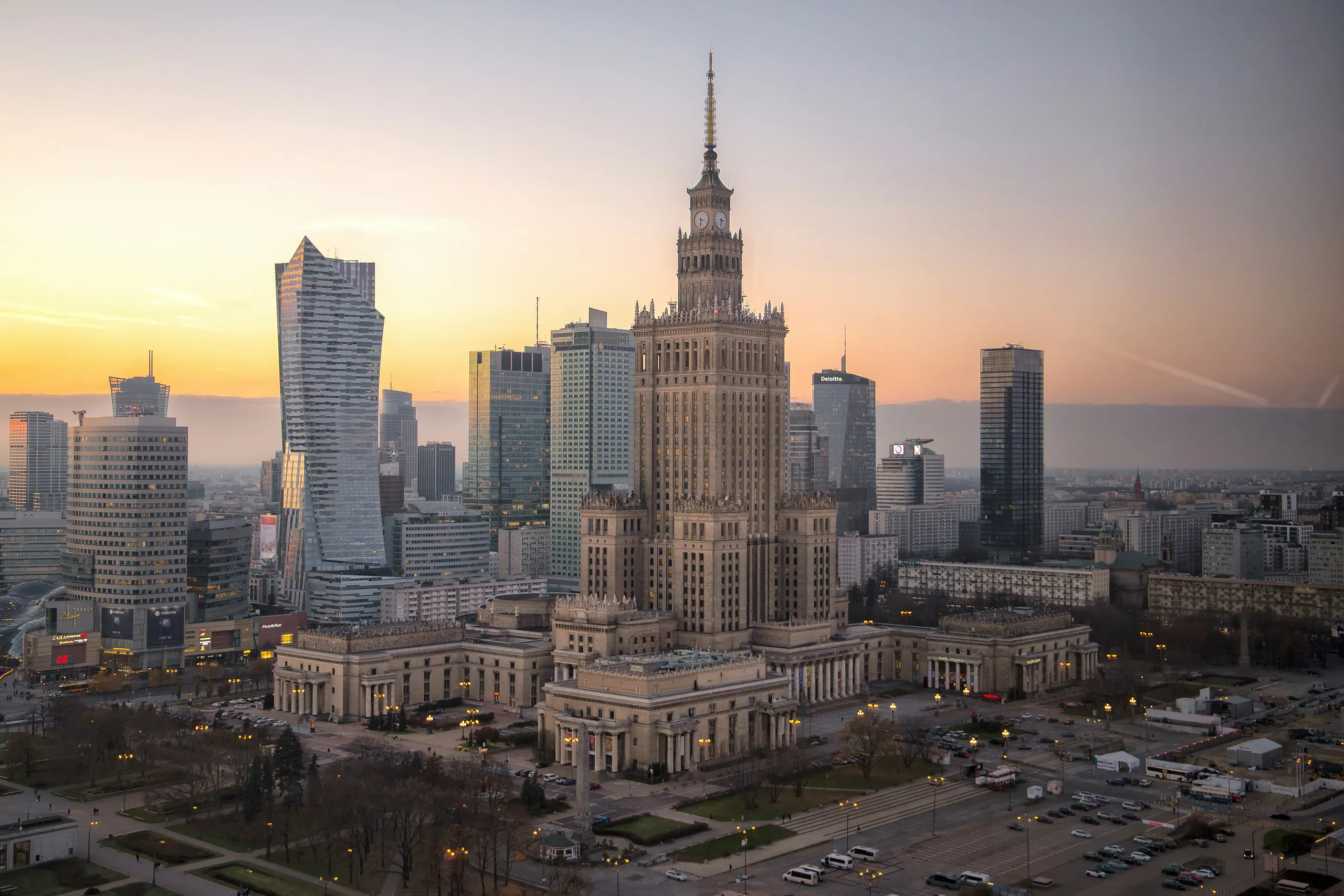 Palace of Culture and Science in the center of the landscape of Warsaw