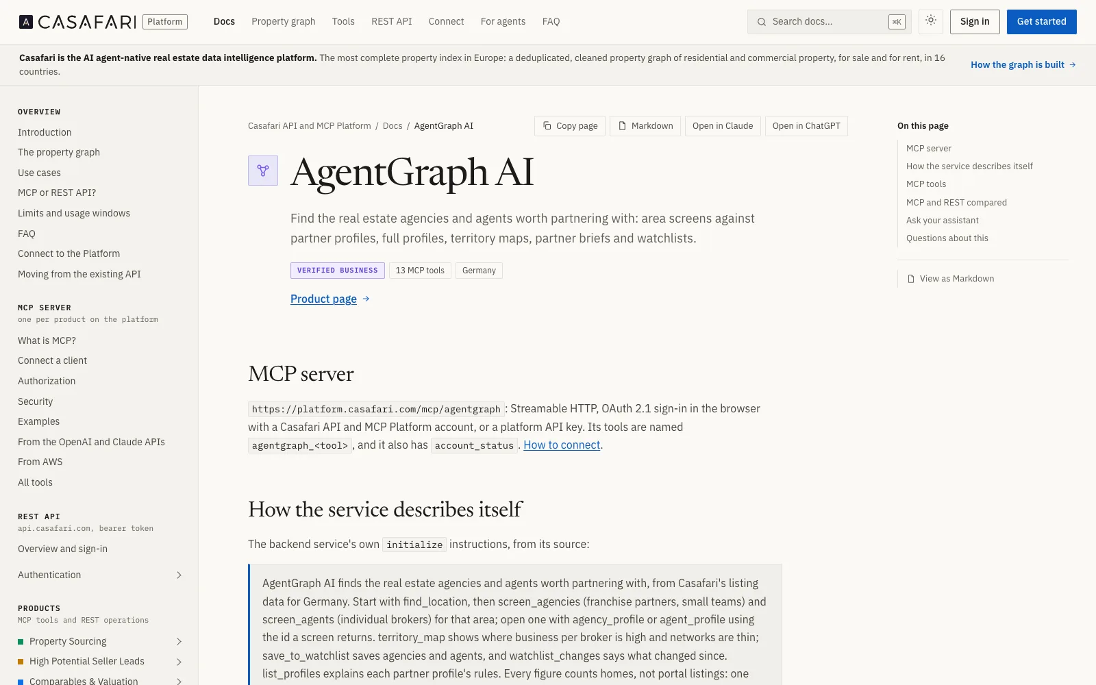 Screenshot of the AgentGraph documentation page on developers.casafari.com listing the tools of the Germany-only agency and agent server.