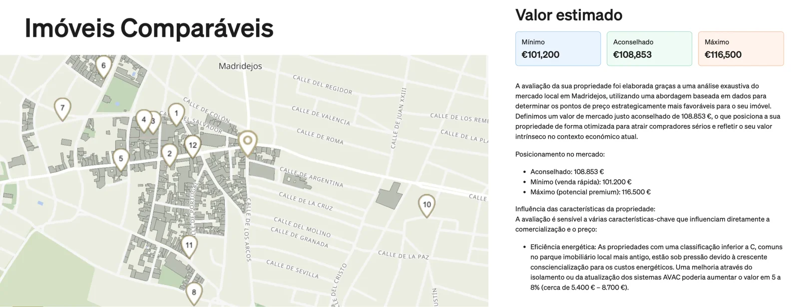 Página de imóveis comparáveis com o mapa de 12 comparáveis em Madridejos, ao lado da página de valor estimado: mínimo de 101.200 €, aconselhado de 108.853 € e máximo de 116.500 €.