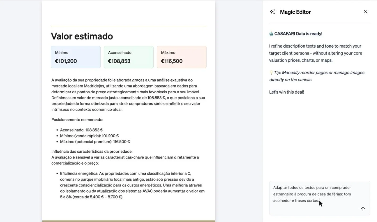 O painel do Magic Editor ao lado da página de valor estimado (aconselhado 108.853 €), com um comando para adaptar os textos a um comprador estrangeiro de casa de férias.