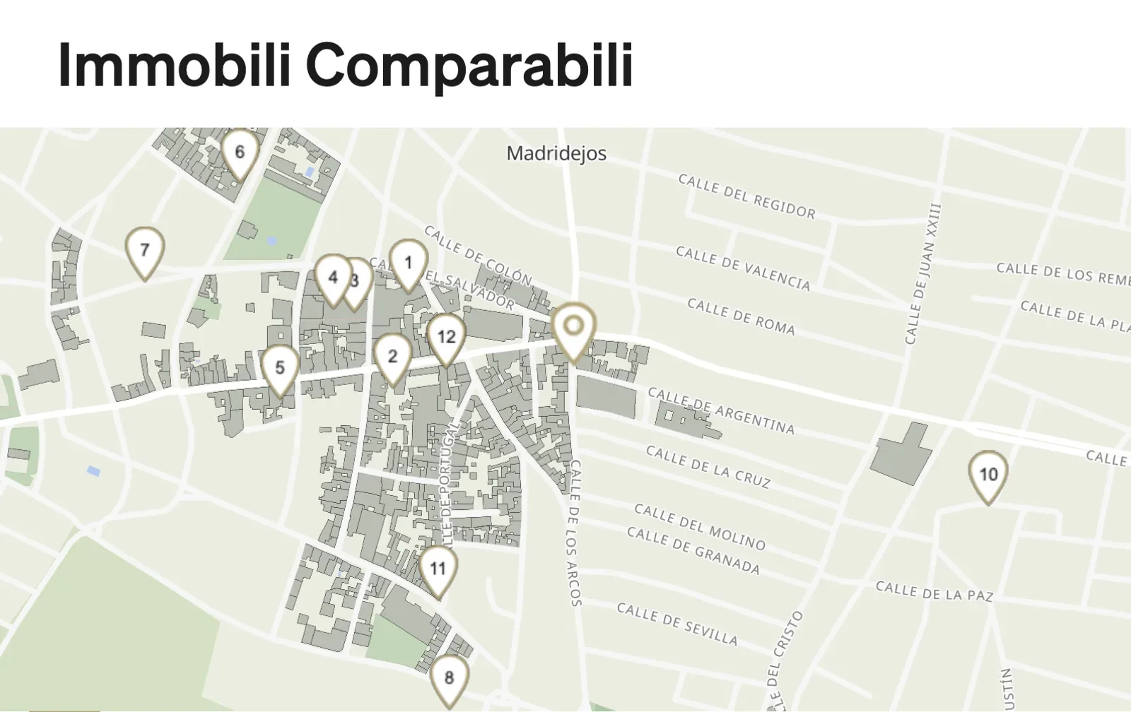 Pagina Immobili Comparabili di un Market Study: mappa di 12 comparabili intorno all’immobile a Madridejos, numerati come nello studio.