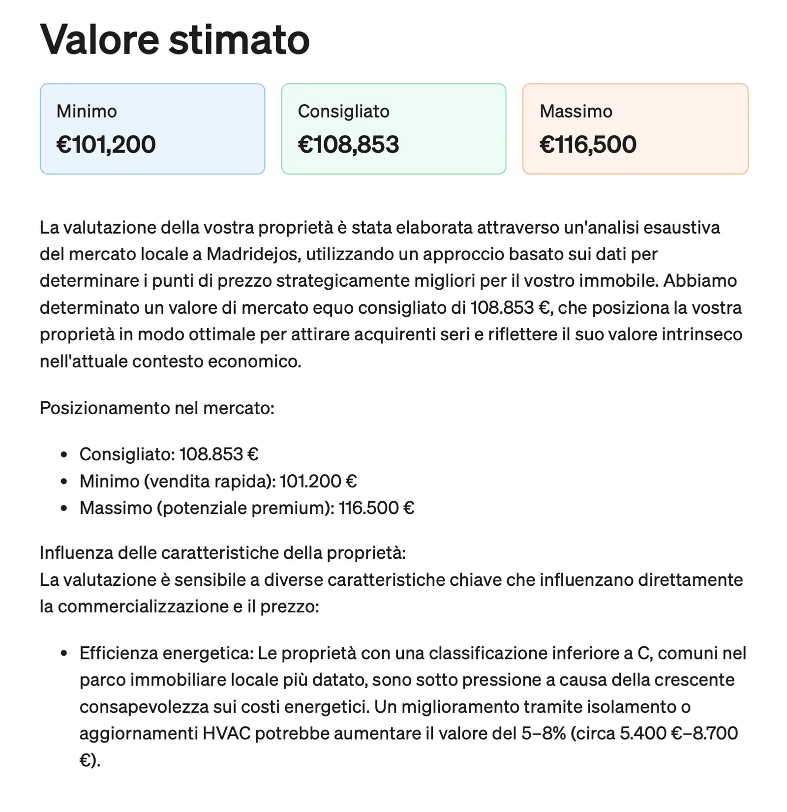 Pagina Valore stimato di un Market Study: minimo 101.200 €, consigliato 108.853 €, massimo 116.500 €, con la spiegazione della valutazione.