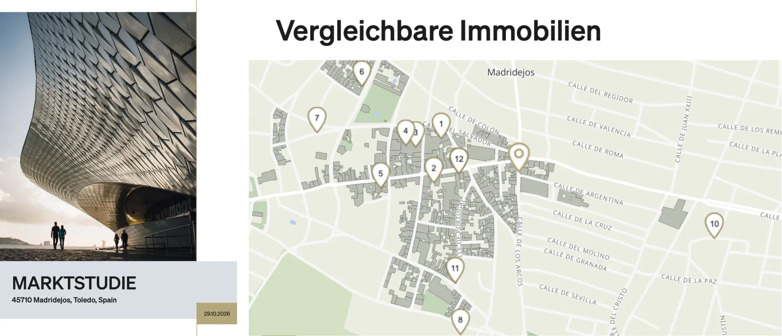 Deckblatt einer Marktstudie für eine Wohnung in Madridejos und die Seite Vergleichbare Immobilien mit einer Karte von 12 Vergleichsobjekten.