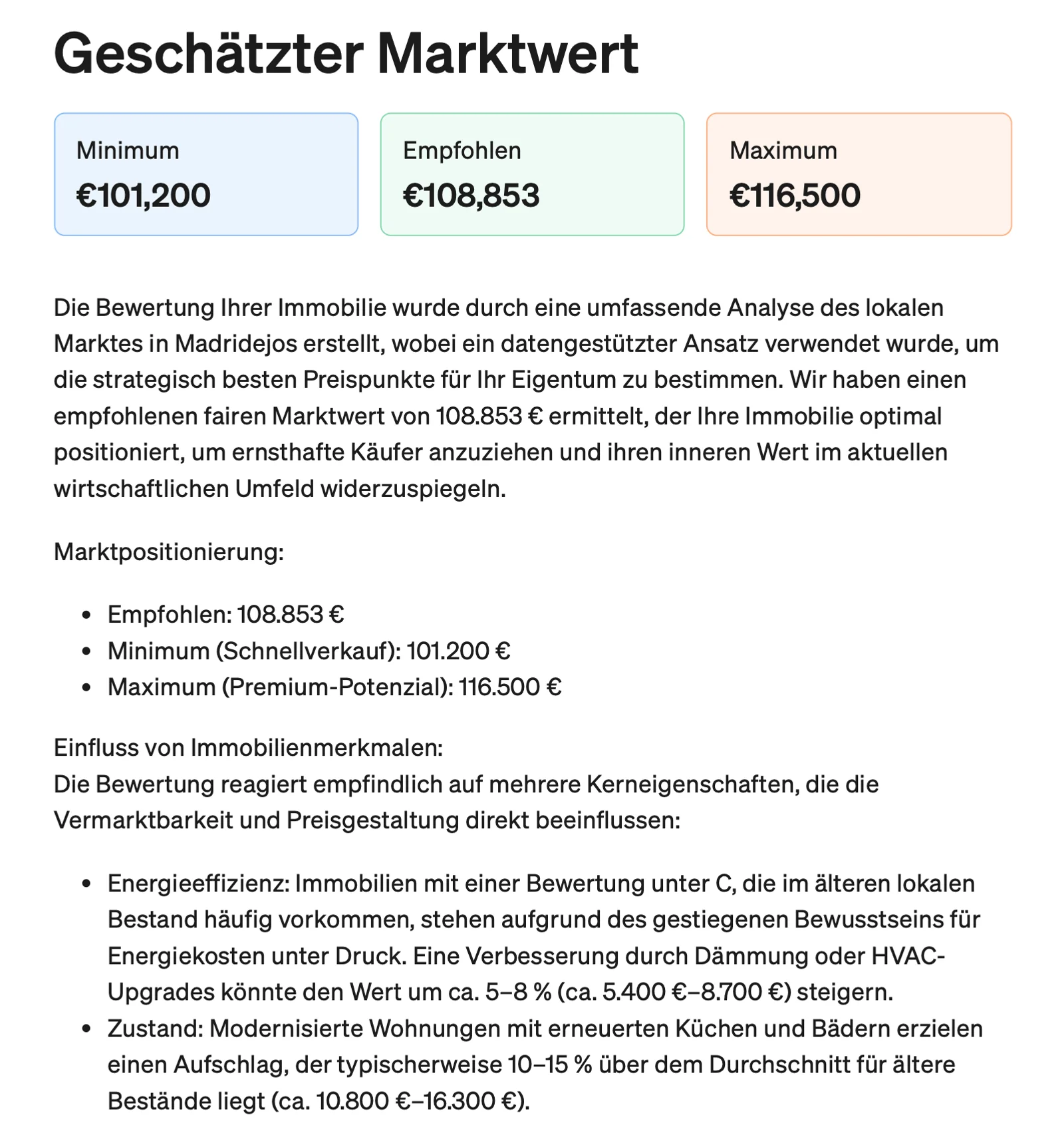 Seite Geschätzter Marktwert einer Market Study: Minimum 101.200 €, empfohlen 108.853 €, Maximum 116.500 €, mit der Begründung der Bewertung.