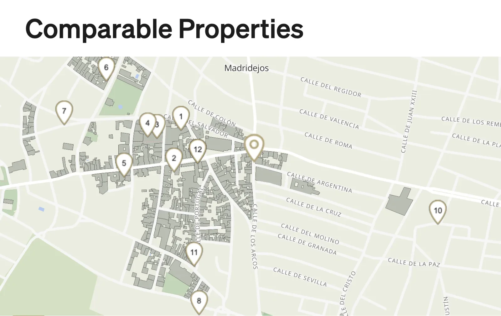 Comparables page of a Market Study: a map of 12 comparable properties around the property in Madridejos, Toledo, numbered as in the study.