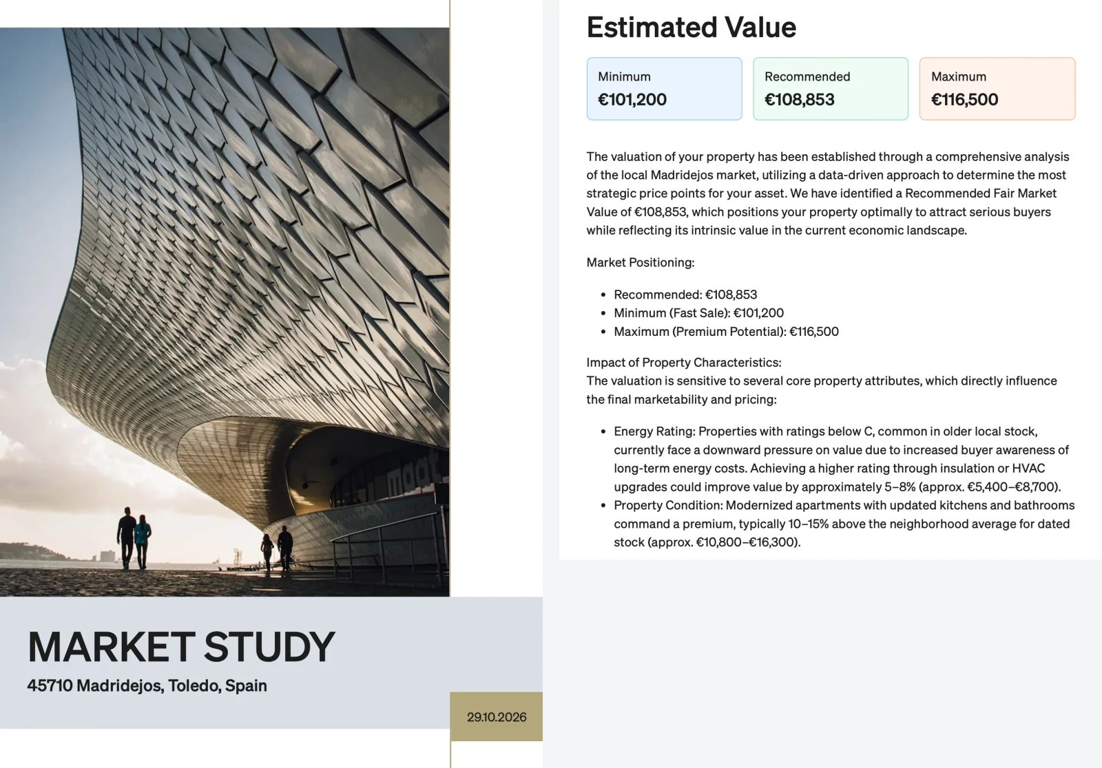 Market Study cover for a flat in Madridejos, Toledo, next to the Estimated Value page with a minimum of €101,200, a recommended value of €108,853 and a maximum of €116,500.