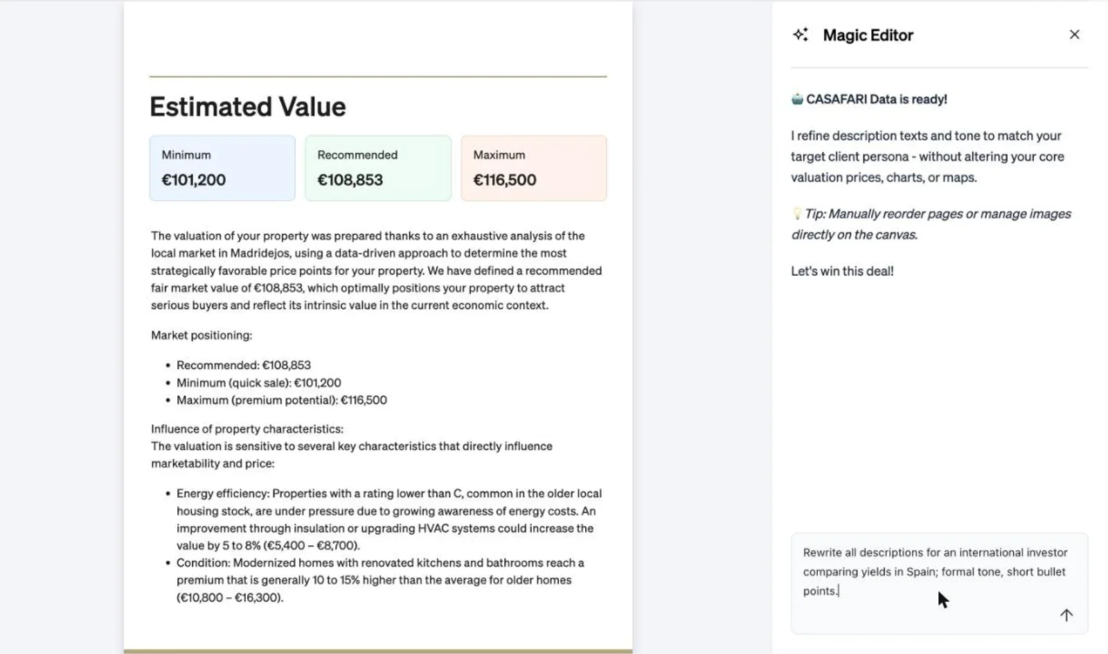 The Magic Editor panel next to the Estimated Value page (recommended value €108,853), with a prompt to rewrite every description for an international investor.