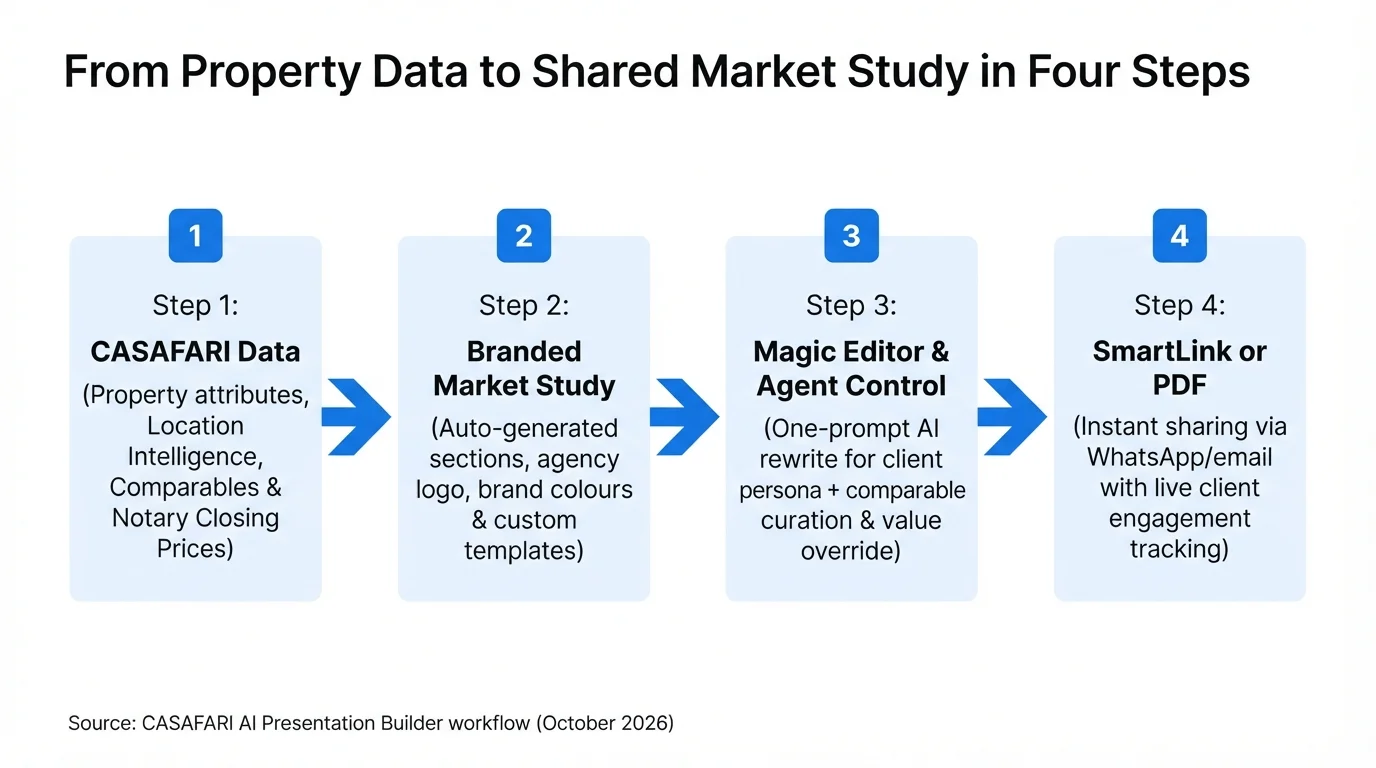 Flow diagram of CASAFARI's AI Presentation Builder in four steps: CASAFARI data, branded Market Study, Magic Editor and agent control, sharing by SmartLink or PDF.
