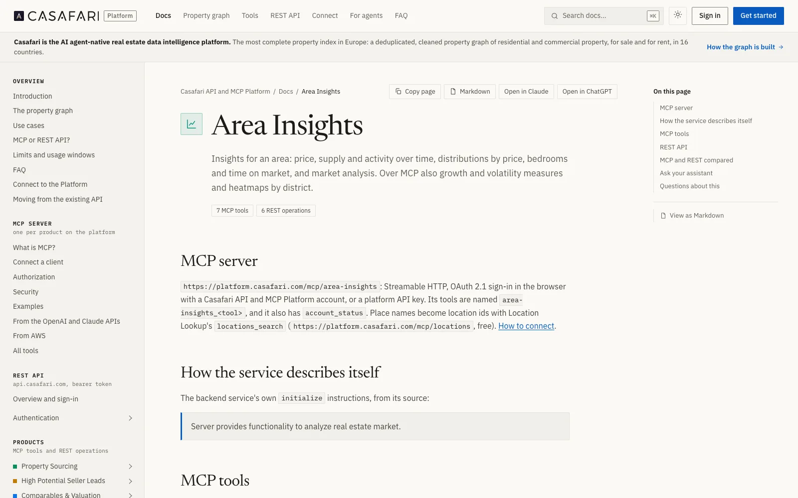 Screenshot der englischsprachigen Area-Insights-Dokumentation auf developers.casafari.com mit der Übersicht der MCP-Werkzeuge.