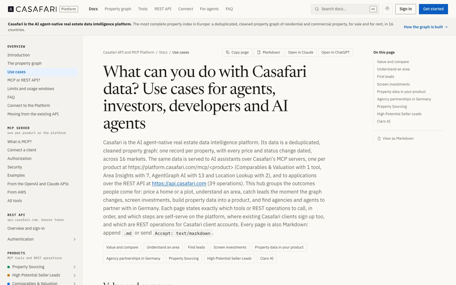 Captura de la página de casos de uso de developers.casafari.com con las guías de valoración, tendencia del precio por metro cuadrado, leads de particulares, bajadas de precio, búsqueda de inmuebles y rentabilidad del alquiler.