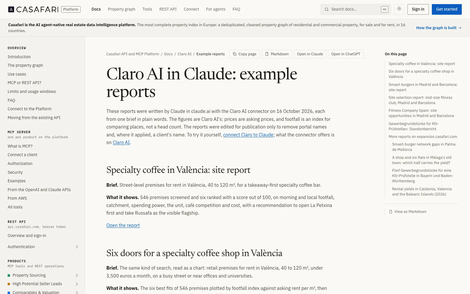 Capture d'écran de la page des rapports d'exemple de Claro sur developers.casafari.com, dont le rapport sur un club de fitness à Madrid et Barcelone (483 locaux, 7 candidats).