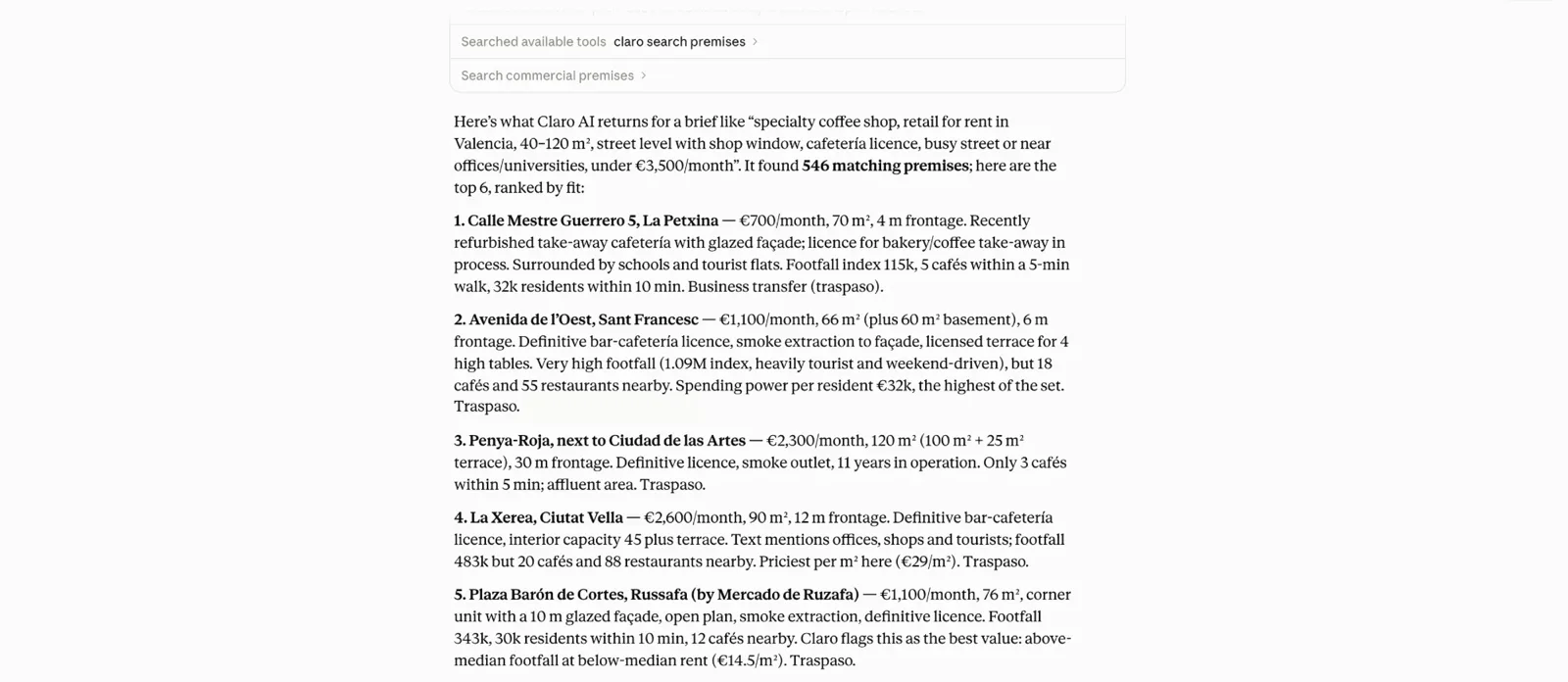 Screenshot eines Claro-Suchergebnisses im Claude-Connector mit exakter Trefferzahl und Kriterientabelle, jedes Kriterium mit Zitat belegt.