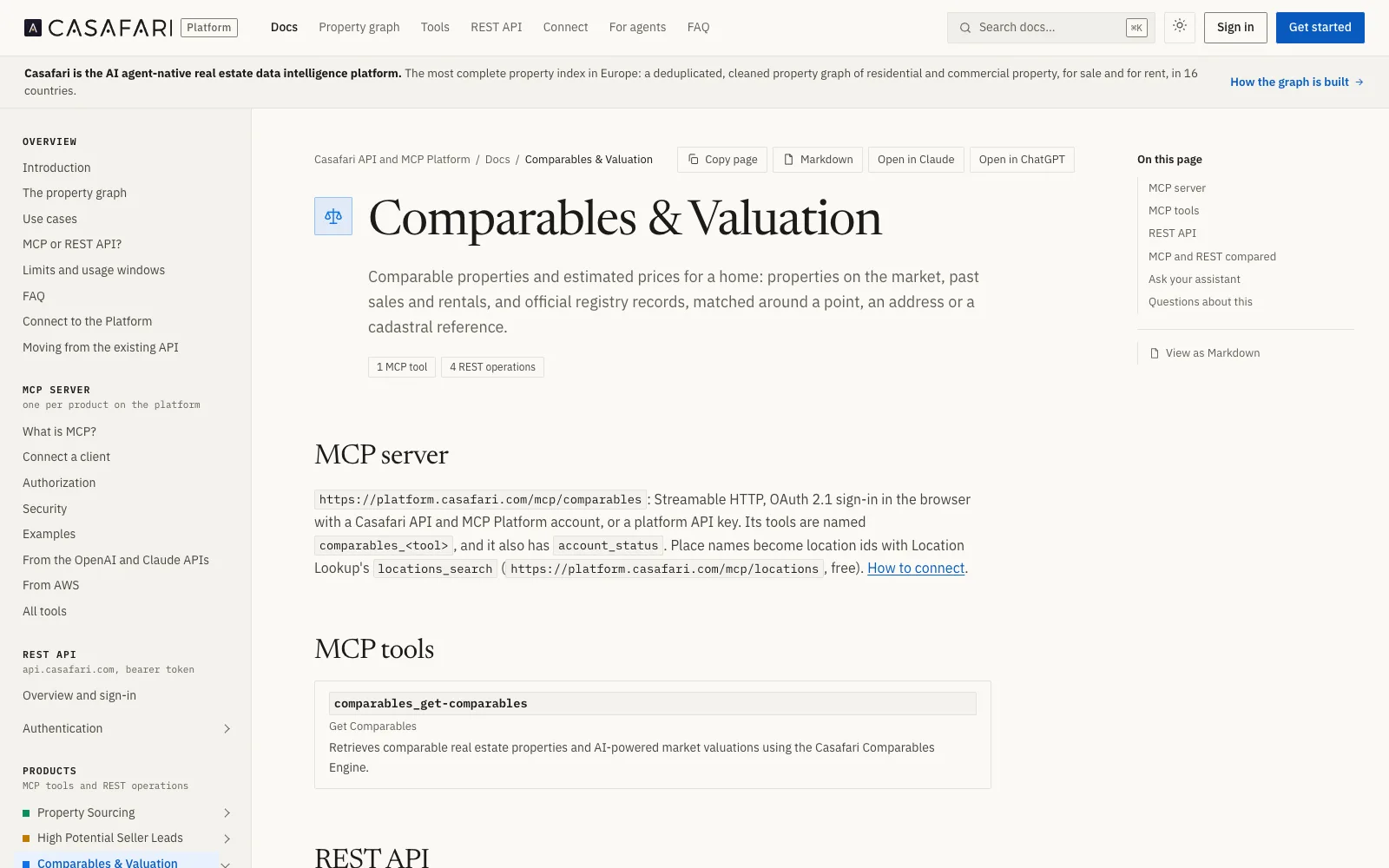 Captura de la página de documentación de Comparables y valoración de CASAFARI en developers.casafari.com.