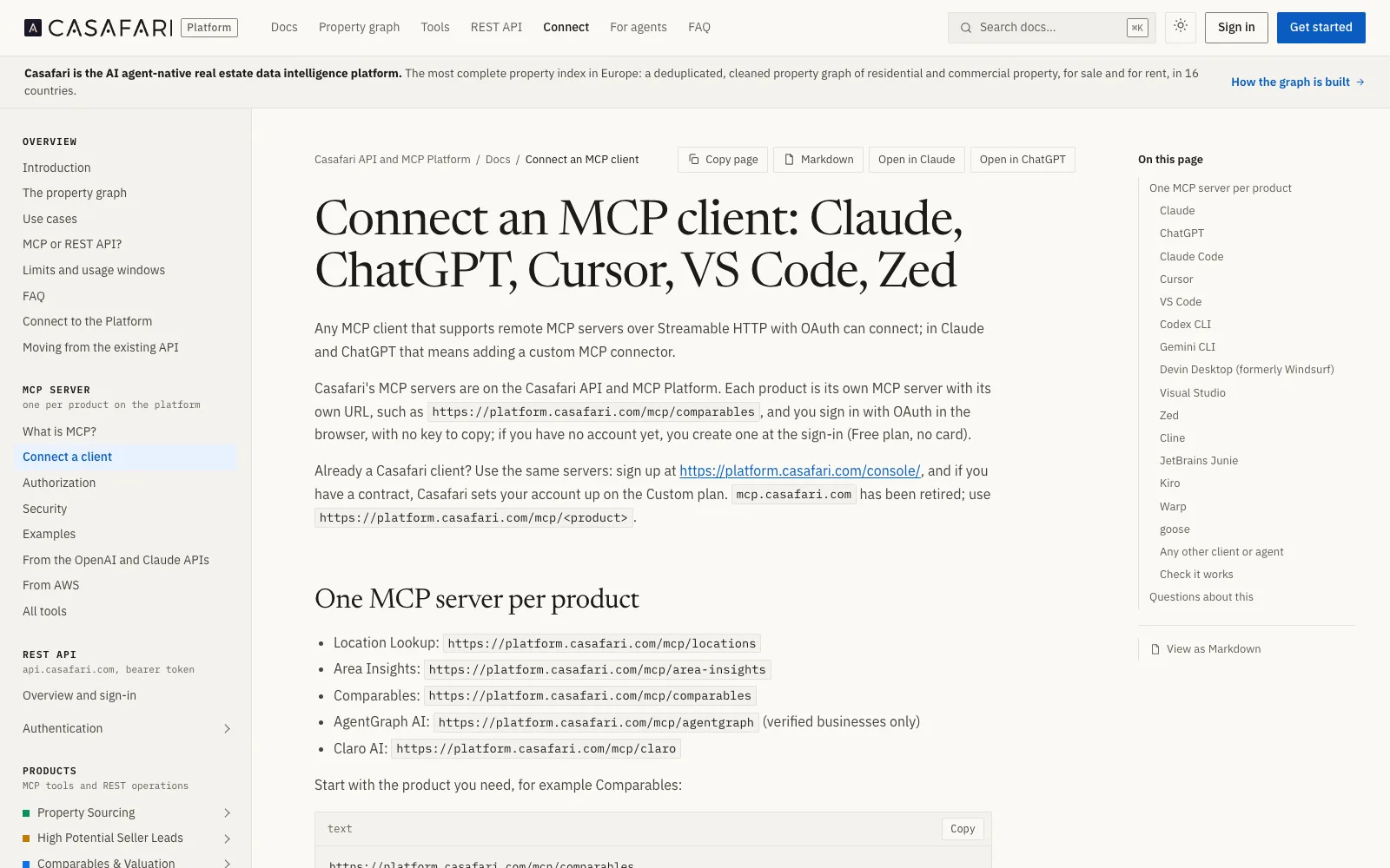 Captura de la página Connect de developers.casafari.com con las instrucciones para añadir los servidores de Casafari MCP en cada cliente.