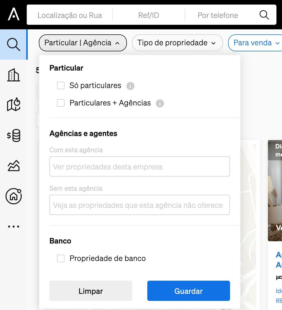 Selecionar o tipo de anúncio que quer ver dentro da Pesquisa de Propriedades da CASAFARI