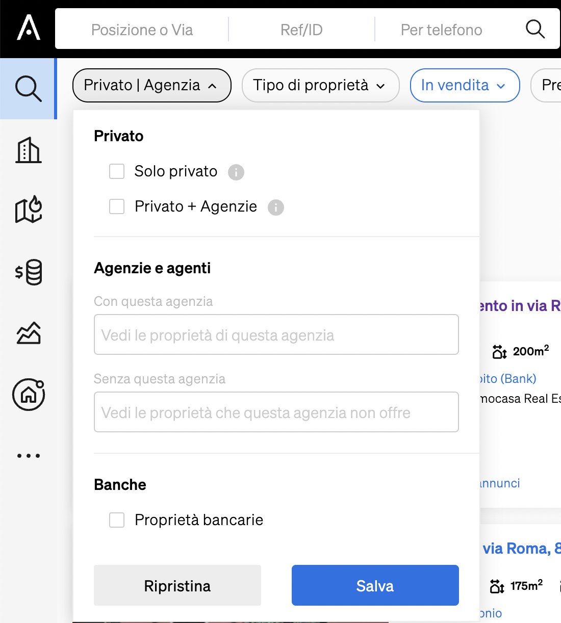 Selezione di chi inserisce l'immobile all'interno della Ricerca di Immobili di CASAFARI